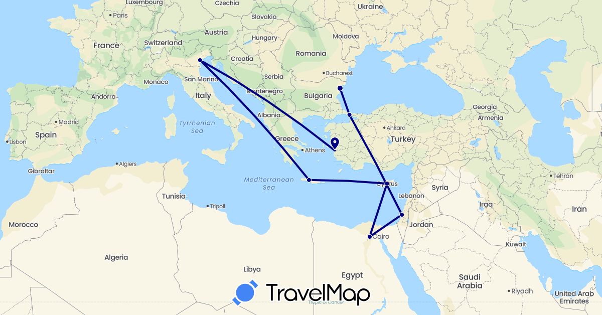TravelMap itinerary: driving in Bulgaria, Cyprus, Egypt, Greece, Israel, Italy, Turkey (Africa, Asia, Europe)